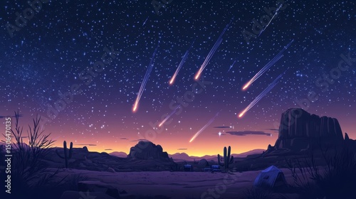 A creative depiction of shooting stars over a remote desert campsite.
