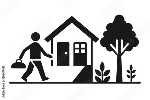 Simple graphic illustration of a person walking towards a house