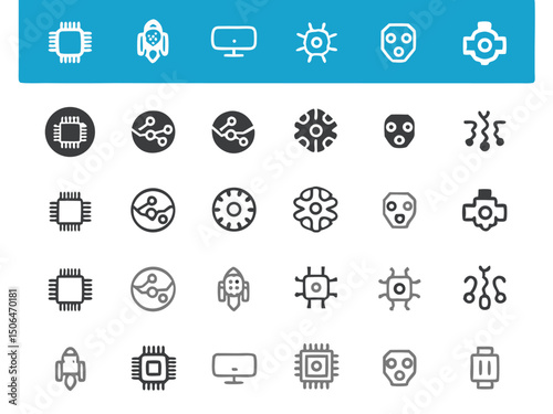 Social media flat icon set for web design with internet, business, and computer symbols on a circle button illustration for website marketing