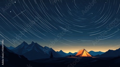 A creative illustration of star trails forming above a solitary hiker's tent.
