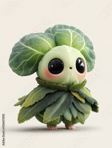 Un adorable personaje con forma de lechuga, con grandes ojos expresivos y una sonrisa sutil.