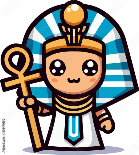 Adorable Chibi Pharaoh with Ankh – Cute Ancient Egyptian Cartoon Vector