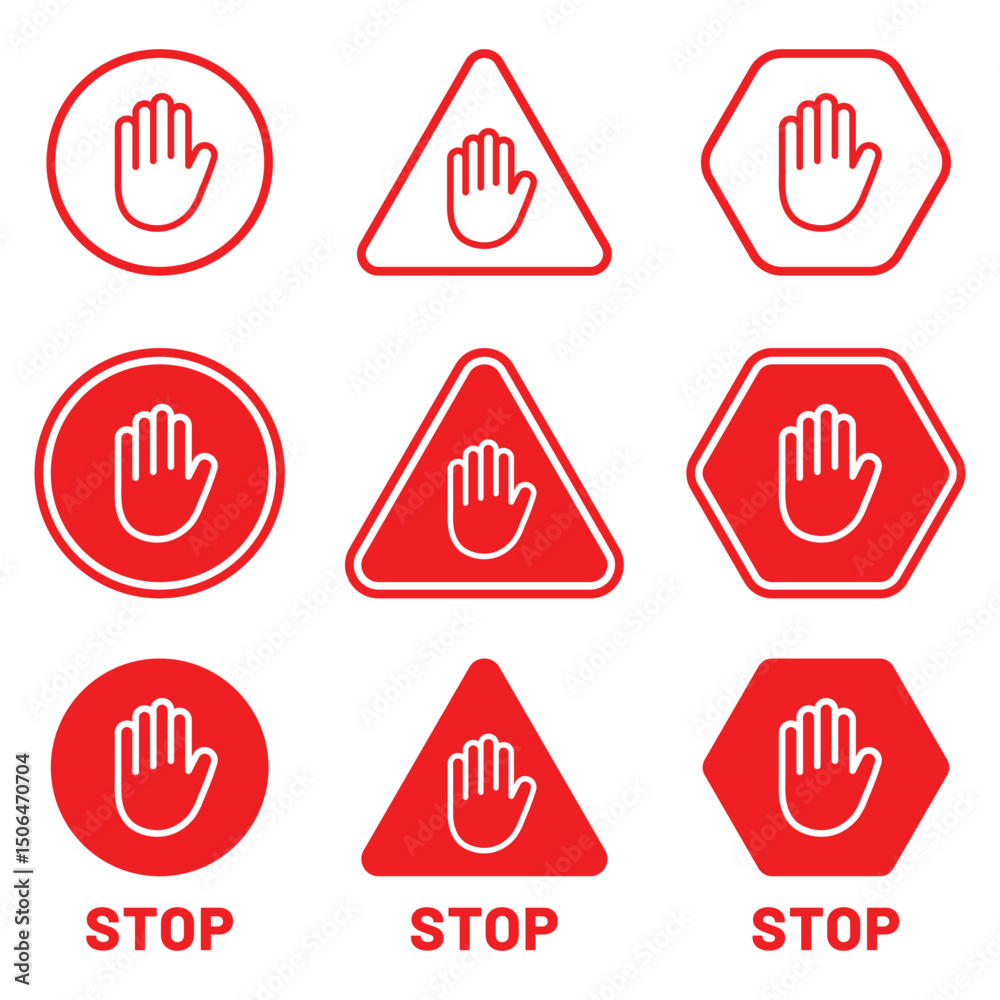 Stop hand sign, stop road sign. Red stop sign with hand, No entry hand red label vector illustration. EPS 10