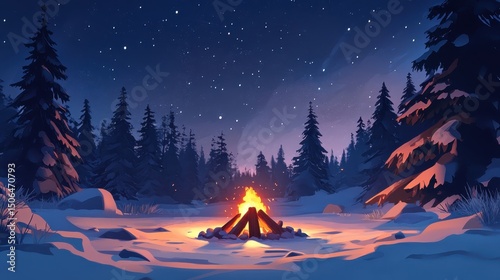 A creative portrayal of a campfire surrounded by snowy pine trees under a clear night sky.
