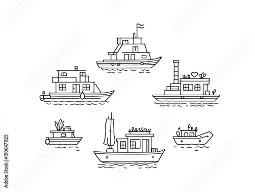 Detailed Houseboat Line Art Sketch For Design Purposes