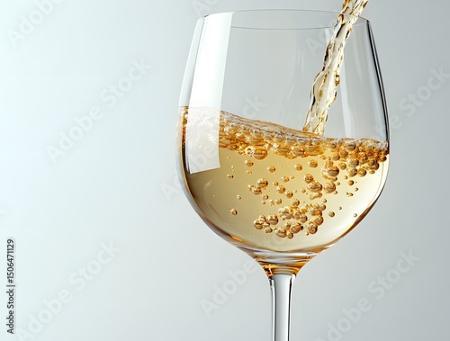 Sparkling White Wine Stock Photo, Champagne Glass Bubbles Image, Elegant White Wine Toast Scene, Fizzy Wine Close-Up, White Wine Celebration Background