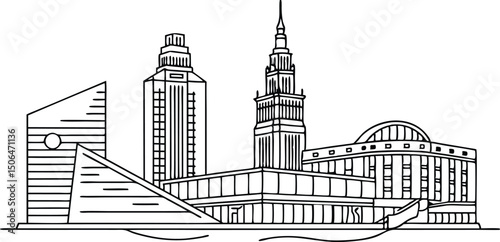 Cleveland skyline, highlighting the Terminal Tower and Rock & Roll Hall of Fame in a sleek, line drawing style.