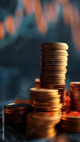 Stacks of golden coins with stock market line graph background suggesting investment growth and financial success
