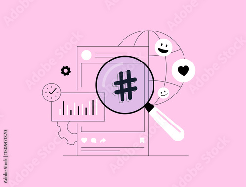 Influencer marketing strategy featuring hashtag marketing tips, social media analytics tools. Micro-influencer campaigns, user-generated content ideas. Outline vector illustration