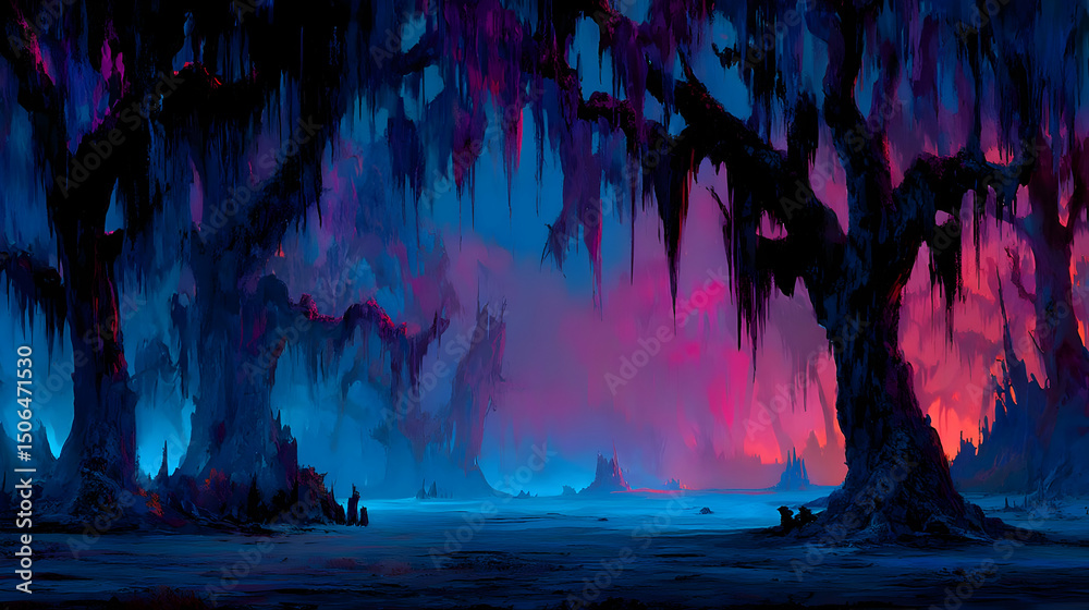 Fototapeta premium with radiant vines hanging from trees and fog swirling in neon light