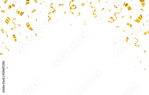 Golden Confetti and Ribbon Streamers Falling: Celebration, Festive, Party, Transparent Background.