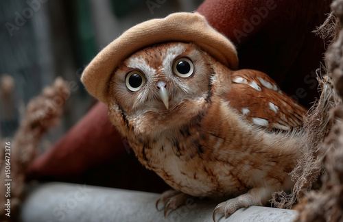 Owl wearing beret looking intensely with large eyes