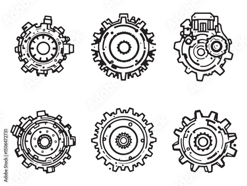 Gearbox line art technical illustration for stock design