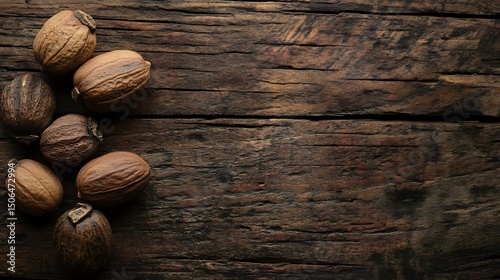 Nutmeg nuts on wooden plank see other similar images almonds on wooden background