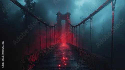 Mysterious, red-lit suspension bridge through a foggy, dark forest.