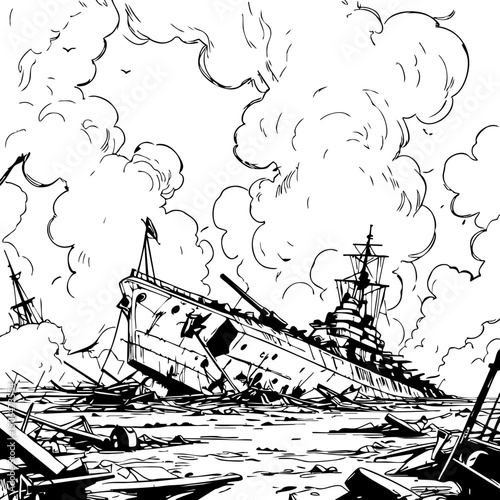 "Black and white warship wreck illustration with smoke and debris."