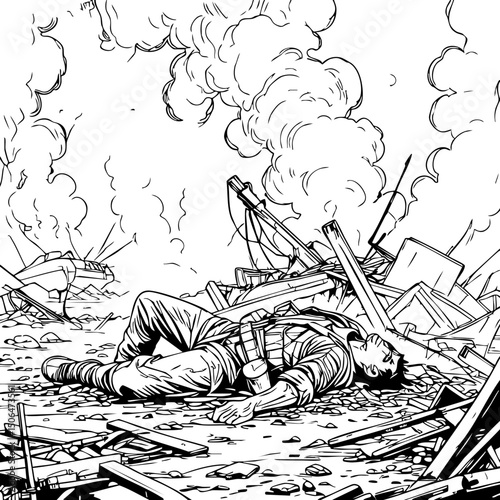"Black and white illustration of a fallen soldier amid battlefield ruins and smoke."