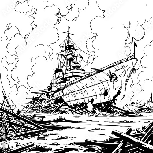 "Black and white illustration of a damaged battleship surrounded by smoke and debris."