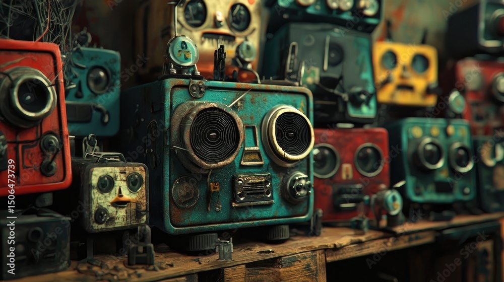 Fototapeta premium Colorful, quirky robots displayed on rustic wooden shelves.