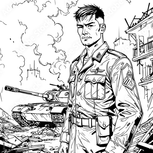Black and White Illustration of War Commander with Tank and Ruins – Hand-Drawn Comic Style Soldier in Battlefield Scene for Posters and Graphic Novels