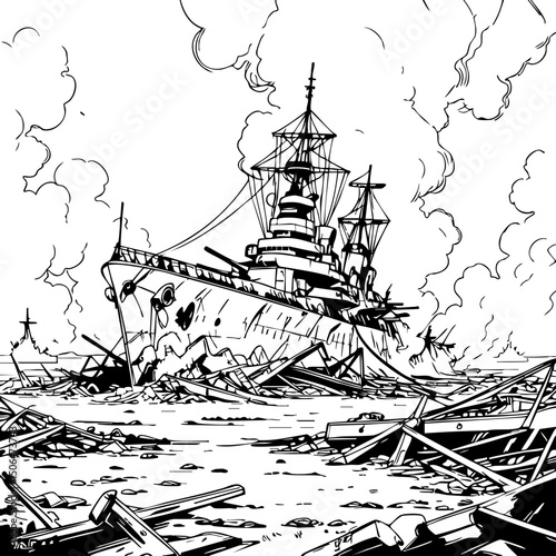 "Black and white illustration of a sinking warship amid smoke and battlefield wreckage."