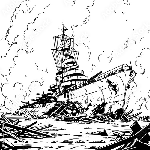 "Black and white illustration of a damaged battleship surrounded by smoke and debris in a warzone."