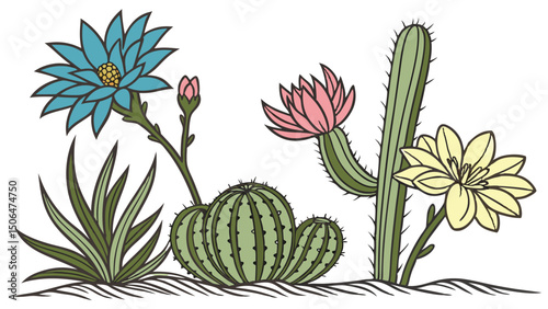 A beautiful vector illustration of a single pink flower and a cactus, perfect for a spring or summer garden design
