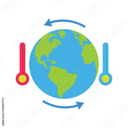 Colorful Earth with hot and cold thermometers, symbolizing climate and global warming effects.