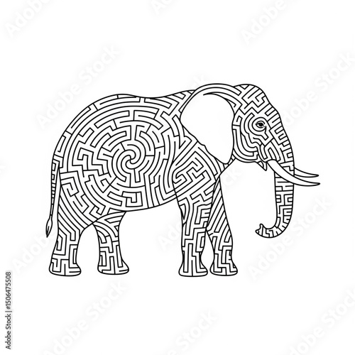 Elephant Maze Line Art Illustration