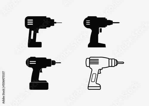 Vector Drill Silhouette Set: Power, Cordless, and Outline Variations