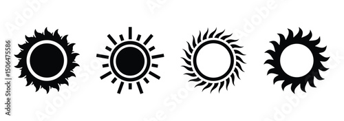 Sun icon set isolated on white background. Set of flat round sun icons with unique rays, designed for eco-product branding and solar power graphics.