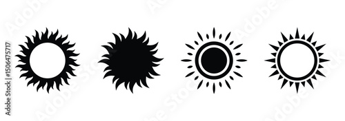 Sun icon set isolated on white background. Set of flat round sun icons with unique rays, designed for eco-product branding and solar power graphics.