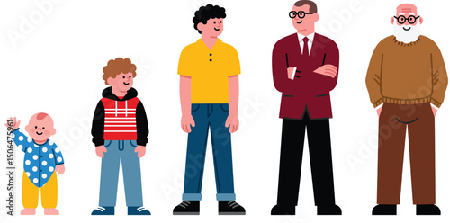 Vector illustration of five male characters showing different ages from baby to elderly man, diverse generations, flat design, family and life stages concept