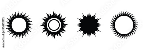 Sun vector icon set in black color isolated set. Set of suns icon collection in black color. Solar summer icon isolated on white background. Flat design. Vector illustration. EPS 10
