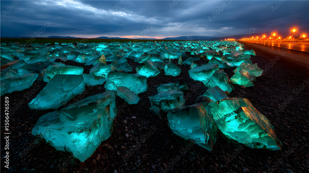 Fototapeta premium field illuminated by an aurora sky and refracted ice light