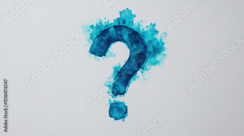 A blue watercolor question mark with paint splashes on a white background.