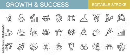 Growth and success line icons set. Business, management, innovation and teamwork. Editable stroke. Vector illustration