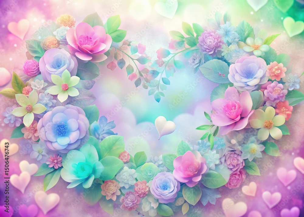 Fototapeta premium Pastel Hearts Floral Frame Background - Romantic Spring Aesthetic Photography