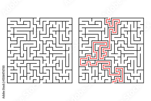 Square maze game for seniors or labyrinth way with solution