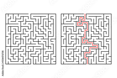Square maze for adults or labyrinth game with solution 
