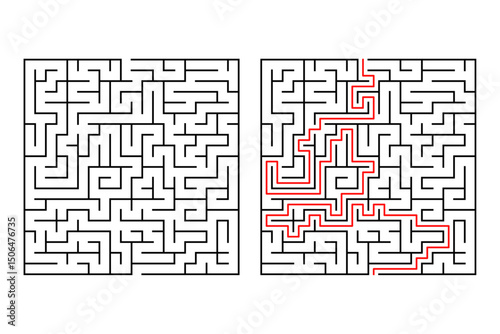 Square maze or labyrinth game with solution
