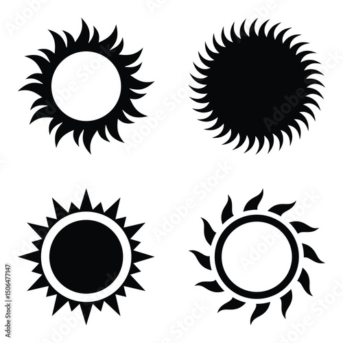 Sun simple icons collection. Black sun icon set. Sunny sun sunlight solar heat weather icon.