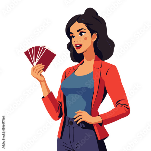 Confident woman presenting a deck of cards, modern business concept