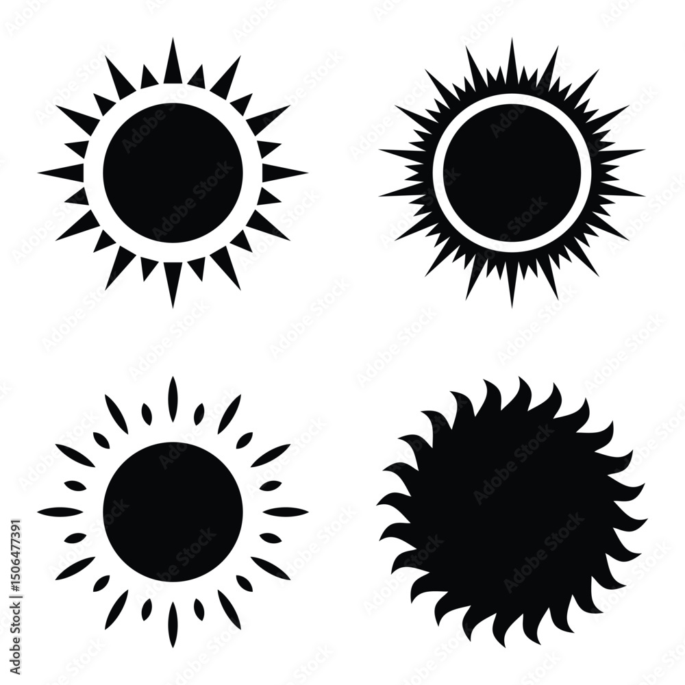 Fototapeta premium Sun simple icons collection. Black sun icon set. Sunny sun sunlight solar heat weather icon.