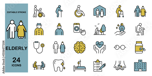 Elderly line icon set. Nursing home, hospital, medical, senior citizens. Editable stroke. Colored vector illustration