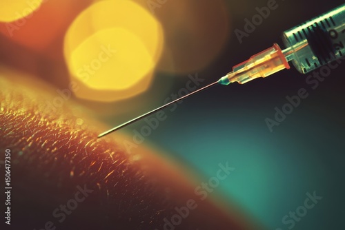 A close up shot of a needle about to pierce the skin of an arm