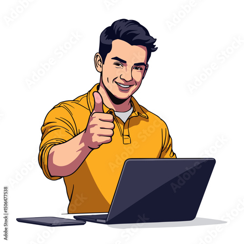 Smiling man giving thumbs up while working on laptop, digital positivity