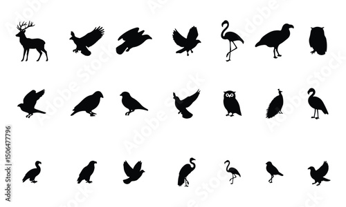 Wild Bird and Animal Silhouettes Collection Black Vector Icons of Various Birds, Deer, Owl, Flamingo, Heron, Raven, and Flying Poses for Nature, Wildlife, and Graphic Design Projects