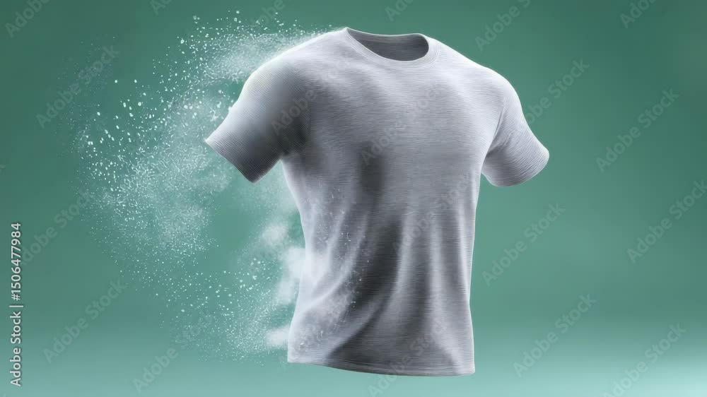 3D Animation Of A Floating Gray T-Shirt Against A Gradient Green Background