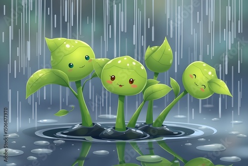 Three cute, smiling green plant sprouts with leaf hats enjoy raindrops in a puddle